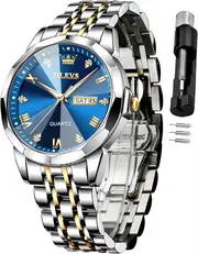 OLEVS Watch for Men Diamond Business Dress Analog Quartz Stainless Steel Waterproof Luminous Date Two Tone Luxury Casual Wrist Watch