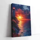 Framed Canvas Red Sunset Lighthouse Coastal Wall Art - Perfect for Living Room