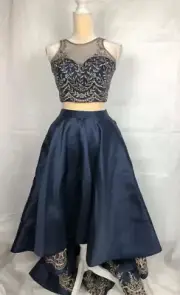 WOW DAVE & JOHNNY SZ 0 Navy Blue 2 Piece BEADED PROM PARTY FORMAL DRESS GOWN