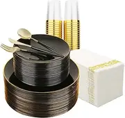 175PCS Gold Rim Dinnerware Set, Dinner Set Plates for Party Supplies Reusable, Wedding, Anniversary, Includes: 25 Dinner Plates, Dessert Plates, Cups, Spoons, Forks and Knives (25 Guests) (Black)
