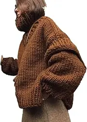 [Generic] Women's Spring Brow Knitted Cardigan Turtleneck Loose Patchwork Long Sleeve Sweater