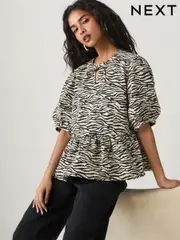 Zebra Printed Tie Front Denim Blouse (AT5528) | $66