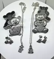 2 Vintage Torino Pewter Brooch Trinket Box Necklace and Earrings Set Bear Mouse
