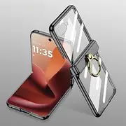 [Jarttarn] Case for Motorola Razr 60 Ultra [Built-in Screen Protector] Electroplated Transparent Clear Case with Finger Ring Anti-Fall Shockproof Cover for Moto Razr 60 Ultra (Black)