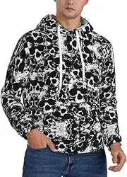 [SAAKE] Black And White Human Skull Print Men Hooded Hoodies Casual Sweatshirt With Pockets Soft Breathable Hoodie, Black, X-Large