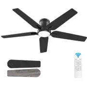 52 Inch Black Ceiling Fans With Lights and Remote, Flush Mount Low Profile Ce...