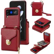 For Samsung Galaxy Z Flip3 5G Zipper Card Bag Phone Case Leather+TPU+PC Cover with Shoulder Strap