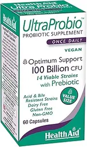 HealthAid UltraProbio, 100 Billion 60ct Once Daily Capsules, Optimum Support 100 Billion with Prebiotic, Acid & Bile Resistant, Dairy & Gluten Free, Non-GMO, Vegan