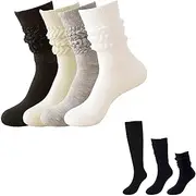 [WOKNOW] Slouchy Socks for Women 4-Pack - Soft Casual Crew (Black, White, Gray, Khaki) | Non-Slip Comfortable Slouch Socks for Boots, Sneakers & Daily Wear, White
