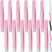 Swpeet 12Pcs 3.79 Inches Pink Eyebrow Tweezers Stainless Steel Slant Tip Tweezers Kit, Professional Eyebrow Facial and Hair Remover, Slant Pointed Precision Tweezers Fits for Men and Women