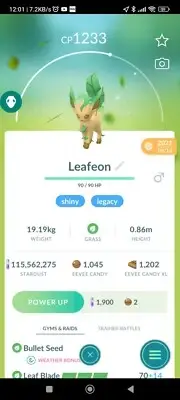 Shiny Leafeon Legacy ( Bullet Seed ) Pokemon Trade Go