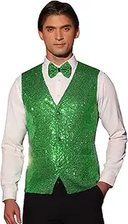 [Lars Amadeus] Men's Disco Shiny Sequin Vest Sleeveless Suit Waistcoat Set with Bow Tie