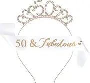 50th Birthday Sash and Tiara for Women, Rose Gold Crown and Sash Set (50th birthday)