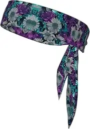 Purple and Teal Flowers Sports Strap Double-Sided Headscarf Men's Bow Tie Sports Headscarf Running Yoga Exercise Headband