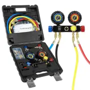 4 Way AC Gauge Set for R410a R22 R134a Refrigerant, 4 Valve Automotive AC Manifold with 5ft Hoses, R410a Adapters