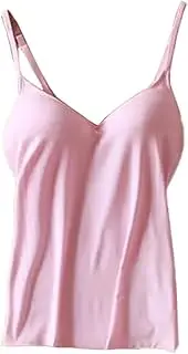 [XWSM] Women V Neck Camisole Tank-Top Built-in Bra Padded Cotton Undershirt Spaghetti Strap Camisoles Sport Yoga Pajama (Color : Pink, Size : M/Medium), Pink