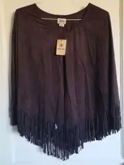 NEW! ARIAT Fringe V-Neck Faux Suede Poncho Espresso L/XL *Fast Shipping