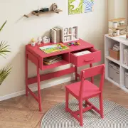 CostwayWooden Children Study Table and Chair Set with Storage Drawer and Hutch-Pink