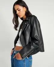[Jag] Jag Women's Leather Biker Jacket In Black Size Xl XL Black
