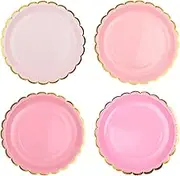 Pink Scalloped Party Plates Gold Foil Border Paper Plates Disposable 9inch Gradient Pink Serving Plates for Birthday Wedding Bridal Baby Shower Valentines Party Supplies (48)