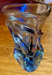 Czech or Italian Art Glass Hand Blown Electric Blue Pinched Twisted Vase