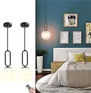 2pc Battery Operated Pendant Light – Mid Century Modern Ceiling Light, Wireless Dimmable LED Hanging Lamp with Remote Control, White Globe Shade, No Wiring Required (Black,20CM)