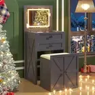 Farmhouse Vanity Desk with Mirror & Lights, 3 in 1 Small Makeup Vanity Set with