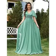 A-Line Quinceanera Dresses Elegant Dress Formal Wedding Floor Length Short Sleeve V Neck Chiffon Backless with Pleats Appliques 2025