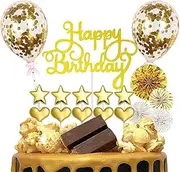 Gold Cake Toppers Decoration,Happy Birthday Decorations with Gold Glitter Letters and Five-Pointed Star,Confetti Balloon Golden Paper Fan Supplies Decoration Set for Girl Kid Women Birthday Party