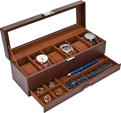 Men's 6 Slot Watch Display Case with Drawer, Watch Case with Glass Lid