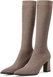 [NEWBELLA] Women's Chunky Heel Boots, Knit Comfort High Boots, Minimalist Style, Rubber Sole