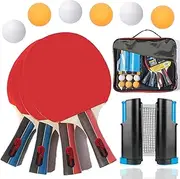 Training PingPong Paddle Set/Family Table Tennis- Handbag Table Tennis Set with 4 Rackets&6 Balls&Retractable net Table Tennis Racquets for Indoor&Outdoor Games