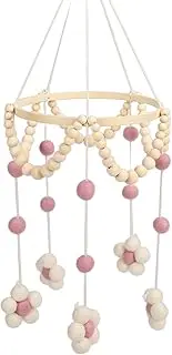 Handmade Wooden Baby Mobile Bed with Felt Balls Cotton Flowers Daisy Pattern, Safe Nursery Decor for Newborns Extra Large Size Ideal for Boys Girls (Pink)
