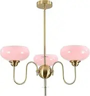 BOKT Vintage Chandeliers for Dining Room Pink Modern Light Fixture Kitchen Island 3-Light with Pink Glass Globe Lampshade Mid Century Large Chandelier Light Fixture Girl Pendant Light for Bedroom