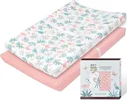 My Little Zone 100% Cotton Changing Pad Cover for Baby Girls, Flamingo - Breathable Bassinet, Mini Crib Mattress Fitted Sheets - Jungle Leaves, 32"x16" with 8" Deep Pocket, White-Coral Pink, 2 Pack