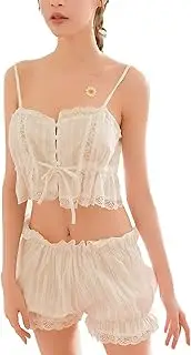 [DGHM-JLMY] Mesh Ruffle Pajama Sets For Women Sexy Cami Bloomers Shorts Set Soft 2 Piece Silk Cami Top And Pumpkin Pants Sleep