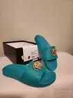 VERSACE 1004190 DGOM8 PALAZZO MEDUSA POOL SLIDE TURQUOISE-ORO SIZE 39
