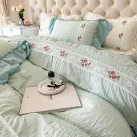 在飛比找momo購物網優惠-韓版公主風泡泡紗水洗棉雙人床單被套枕套組(2色可選)