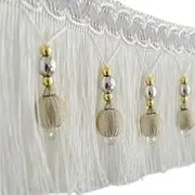 Tassel Fringe Trim, 12 Yards Braided Beads Fringe Hanging Ball Trim for Curtain Table Edge Sewing Trimming(White)
