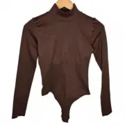 NWT Mangopop Mock Neck Bodysuit Women's Thong Back Chocolate Tone Base Layer M