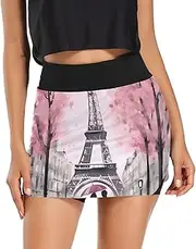 [RPLIFE] Painting Daisy Flowers Athletic Skirt, Womens Athletic Skorts, Golf Women Skirt Short, Pink Trees Eiffel Tower, Small