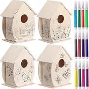 4 Pcs Large Wooden Birdhouse Kit for Kids 5 * 7 Inches DIY Wooden Houses to Paint and Build Craft with Watercolor Pen for Crafts Bulk Painting Kits(Round)