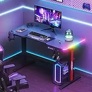 Ufurniture Standing Desk, Gaming Desk with LED Lights, Electric Height Adjustable Sit Stand Desk, Carbon Fiber Desktop, with Hook Cup Holder and Memory Lifting, Home Office Computer Desk Black, 120cm