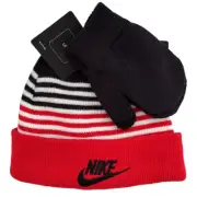 Nike NEW Black, Red, & White Striped Stretch Beanie Hat & Mittens Set Boys 2T-4T