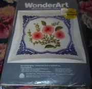 NEW NOS WonderArt 16x16 in Stitchery craft kit pink flowers and folding scissors