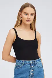 Black Singlet Top Scoop Neck - Size XXS, Women's Singlet
