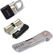 Moli 6 in 1 Lock Pick Tool Pocket Knife with Transparent Lock,Folding Lock Pick Set for Training,Puzzle Lock Picking Men (HH and 2 Locks)