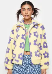 [Pretty Garbage] Floral Print Faux Shearling Jacket