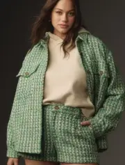 NWT $138 Anthropologie Maeve Sz 1X Plaid Tweed Shacket Shirt Jacket Green