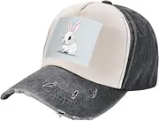 [YANYU] Cute White Rabbit Print Fashion Washed Distressed Baseball Cap Vintage Adjustable Hat with Classic Brim, Black and White, One Size